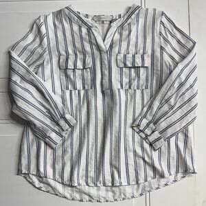 Intique Women’s White Black Striped Mandarin Collar 1/4 Button Blouse Top Size L